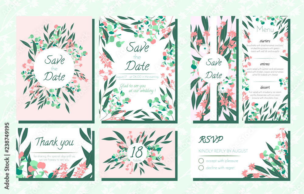 Invite Templates Set with Eucalyptus. Invite Templates Set with Eucalyptus.