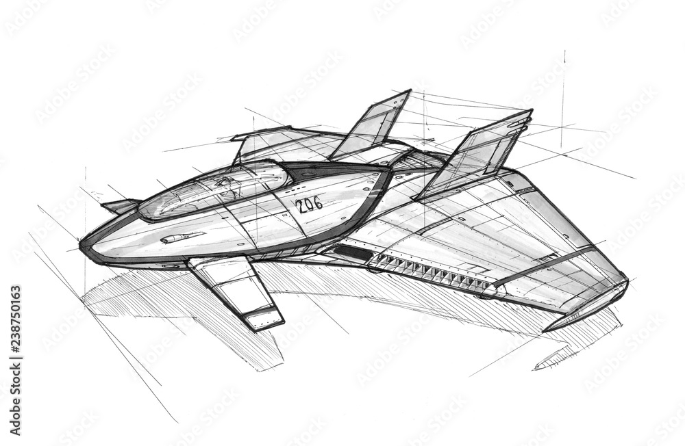 Black and white ink concept art drawing of futuristic or sci-fi spaceship  or spacecraft or aircraft. Stock Illustration | Adobe Stock