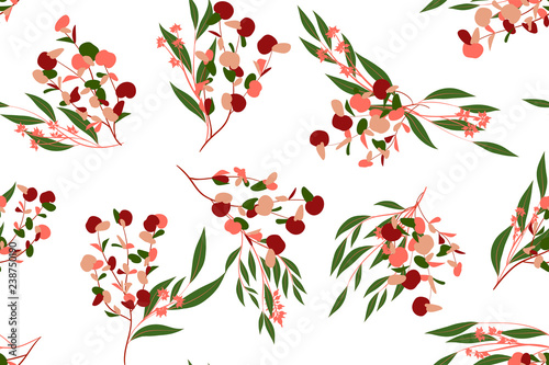 Autumn Seamless Pattern with Eucalyptus Leaves. Foliage Natural Branches. Decorative Background in Vintage Style. Seamless Eucalyptus Pattern for Fabric, Textile, Wrapping Paper, Cloth, Dress, Print.