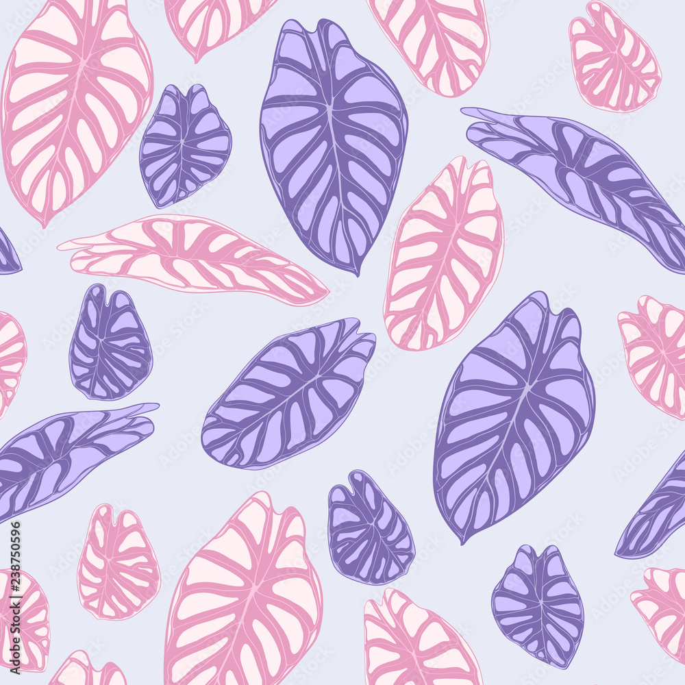 Fototapeta premium Seamless Jungle Pattern in Purple Color Design. Vector Tropic Leaves in Watercolor Style. Background with Stylized Plants Alocasia. Exotic Foliage. Seamless Tropical Pattern for Cloth Design, Fabric.