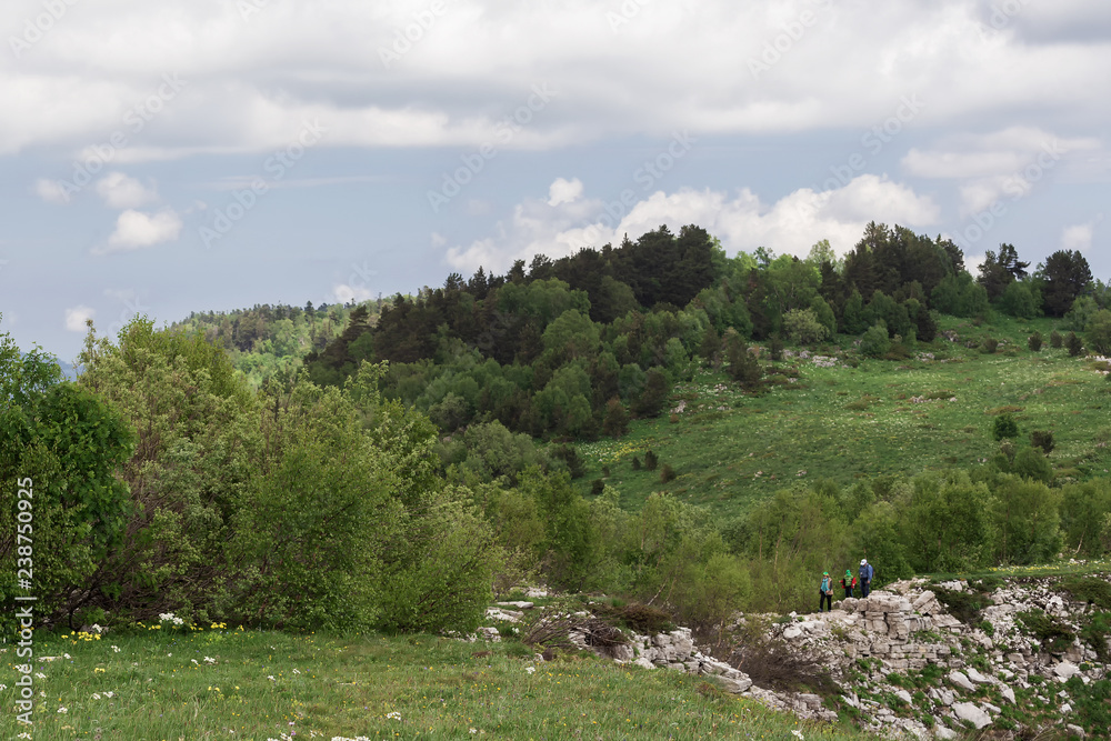 Fototapeta premium Tourists visit the routes on the mountain, summer.