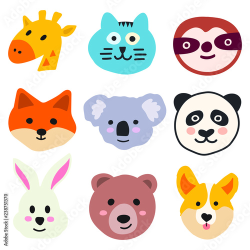 Set of animal heads - giraffe, cat, sloth, fox, koala, panda, rabbit, corgi. Vector hand drawn illustration for greeting card, invitations, kids wear, t shirt, social network stickers, posters design.