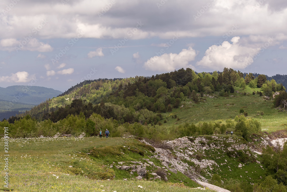 Fototapeta premium Tourists visit the routes on the mountain, summer.