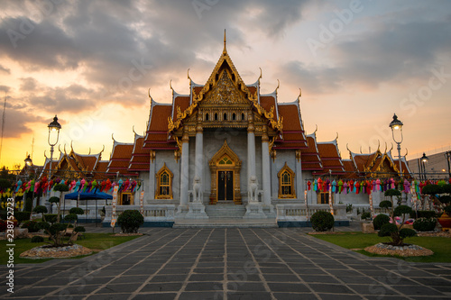 Wat Benchamabophit, the Marble temple Bangkok is famous travel landmark for tourist at dusk. © newroadboy