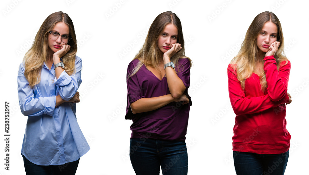Collage of young beautiful blonde woman over isolated background thinking looking tired and bored with depression problems with crossed arms. Collage of young beautiful blonde woman over isolated background thinking looking tired and bored with depression problems with crossed arms.