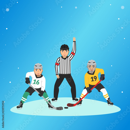 Vector illustration in flat style, sports concept.Hockey players and referee. Championship or hockey match.