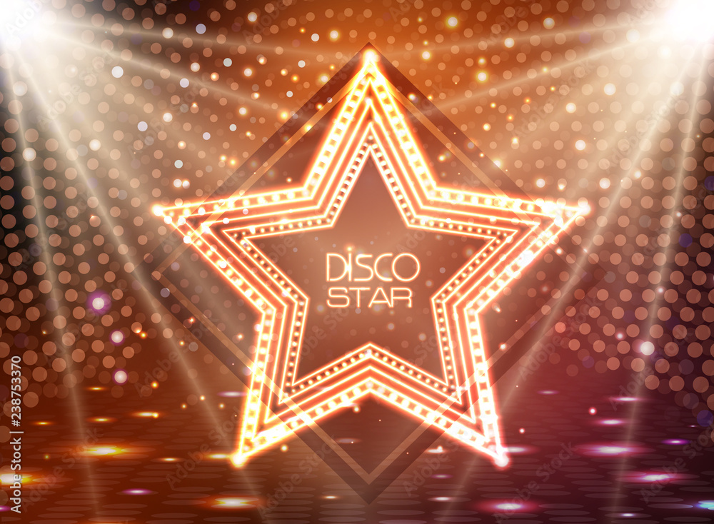 Neon sign disco star on night disco background Neon sign disco star on night disco background