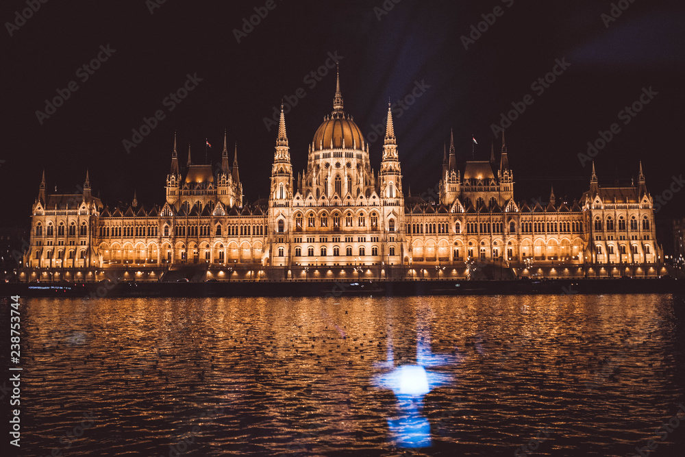 Hungarian Parliament at night on the River Danube, Budapest, Hungary, Europe