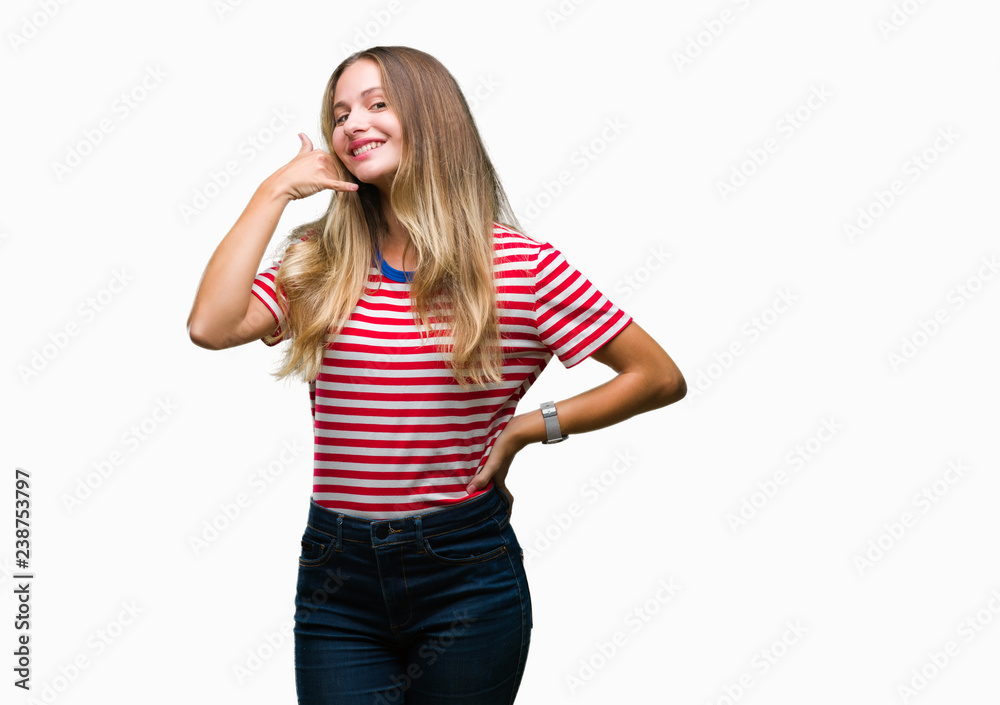 Young beautiful blonde woman over isolated background smiling doing phone gesture with hand and fingers like talking on the telephone. Communicating concepts. Young beautiful blonde woman over isolated background smiling doing phone gesture with hand and fingers like talking on the telephone. Communicating concepts.