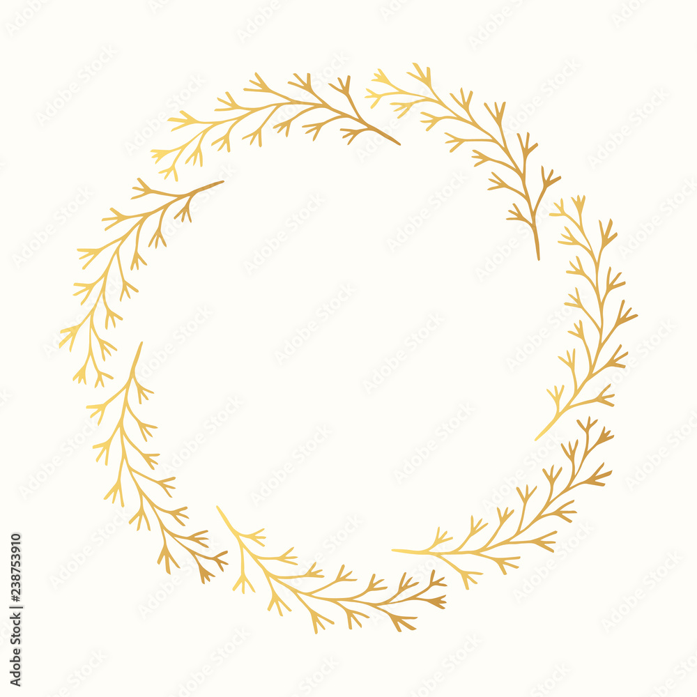 Floral round hand drawn golden botanical frame. Vector isolated design elements. Vine vintage gold wreath.