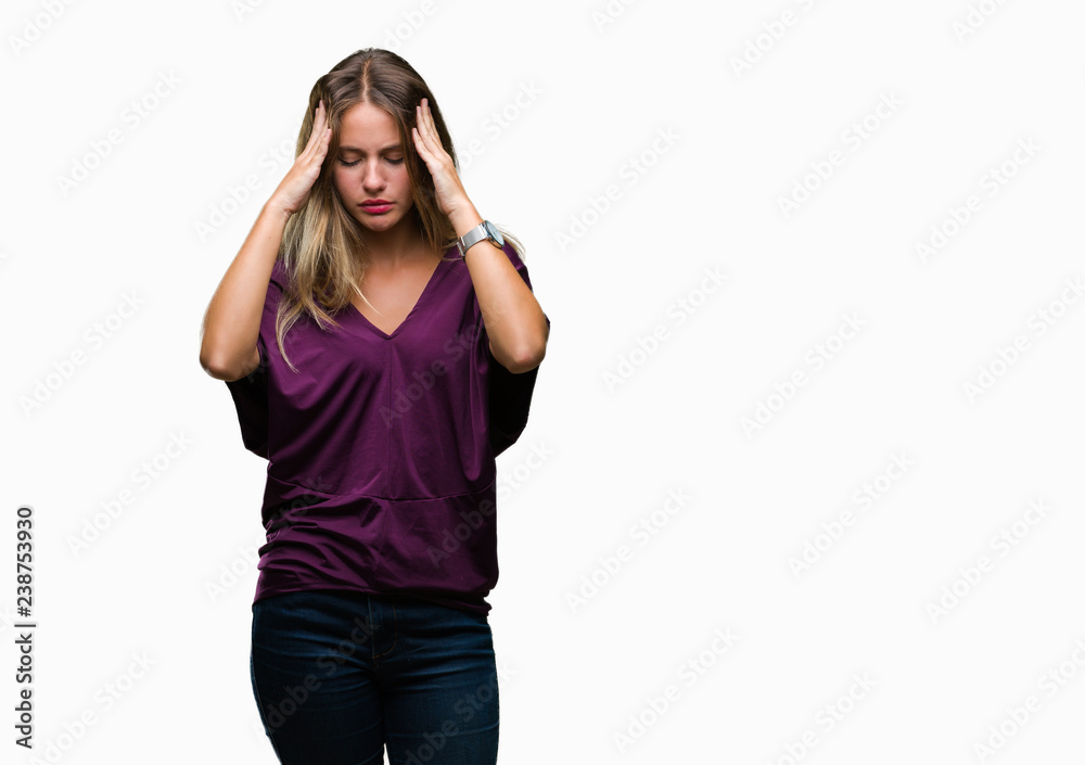 Young beautiful blonde elegant woman over isolated background with hand on head for pain in head because stress. Suffering migraine. Young beautiful blonde elegant woman over isolated background with hand on head for pain in head because stress. Suffering migraine.