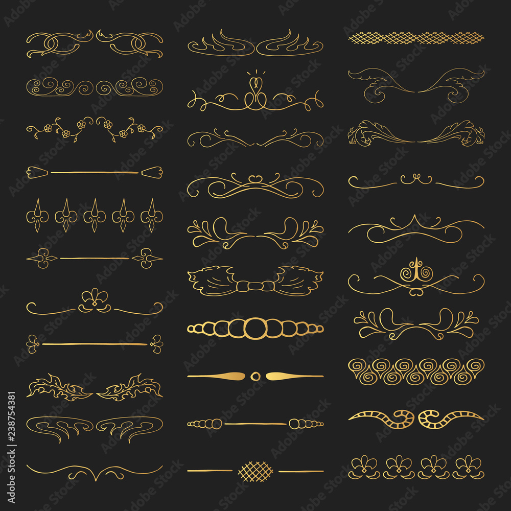 Set of vintage hand drawn vector golden dividers, lines, gold borders. Vector isolated elements.