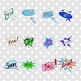 Comics sound speech effect bubbles isolated on white background illustration. Wow, bang, crash, woof, no, yes, boom, oh, omg, oops inscriptions. Humorous set for cloud speech. Vector illustration