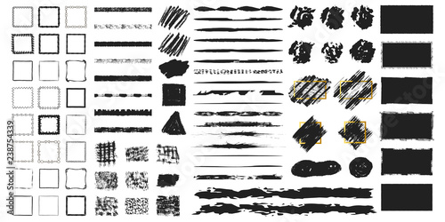 Big set of hand drawn grunge torn frames, box shapes. Vector isolated background. Distressed brush strokes, blots, borders and rough dividers.