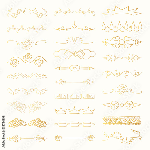 Vintage hand drawn golden dividers, lines, calligraphic borders and ornate laurels set. Vector isolated elements. 