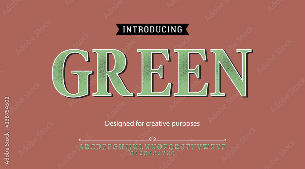 Green typeface.For labels and different type designs