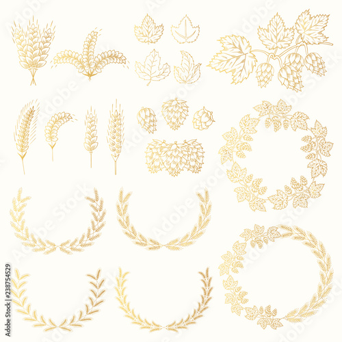 Set of golden award laurel wreath with barley, malt, rye, wheat ears, hop cone and leaves for label design. Winner beer frames. Vector isolated illustration.