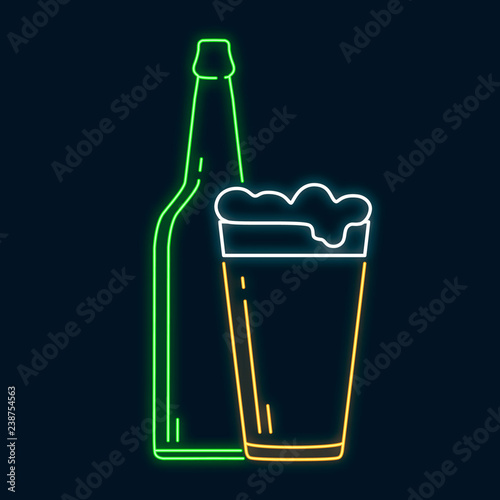 Glowing neon pint beer glass for ale and bottle. Led luminous sign for bar signboard or night pub. Vector isolated illustration.
