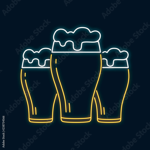 Glowing neon pint beer glass concept for ale. Led luminous sign for bar signboard or night pub. Vector isolated illustration.