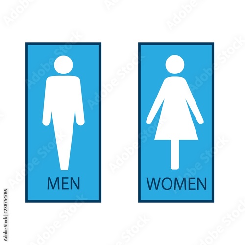 Blue silhouette men and women icon in white square. Sign restroom women and men. Icon public toilette and bathroom for hygiene. Template for poster,sign. Flat vector image. Vector illustration