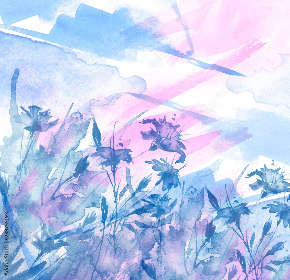 Watercolor bouquet of blue flowers, Beautiful abstract splash of paint, fashion illustration.Blue, pink, purple  cornflower, iris, wildflowers, field or garden flowers. Watercolor abstract. 

