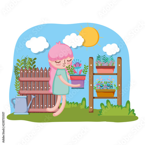 little girl lifting houseplant with shelf in the garden