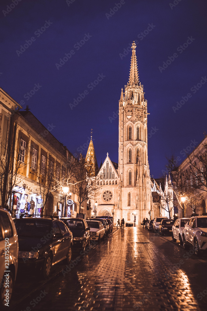 Mathias Church at night in Budapest, Hungary