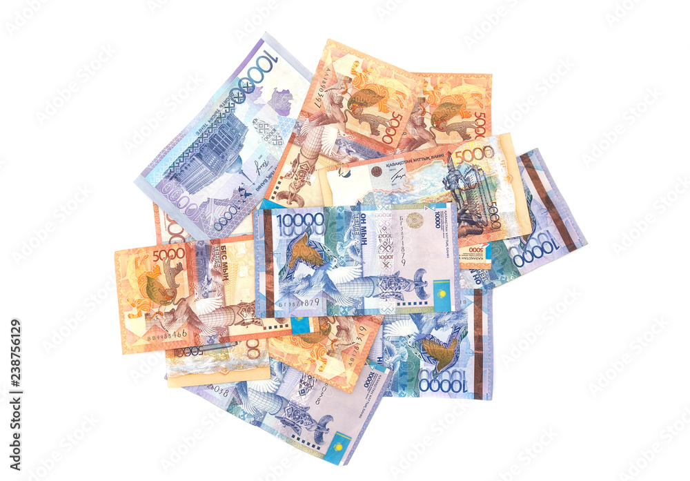 Kazakhstan money bills isolated on white background. tenge banknotes