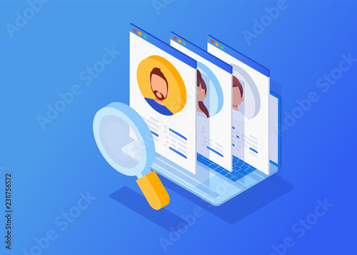 Isometric interview with the candidate, Job recruitment, Job opportunity. Searching professional staff, work, analyzing resume, documents papers