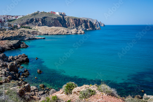 The incredible seascaping view of beach with blue sea in morocco in summer