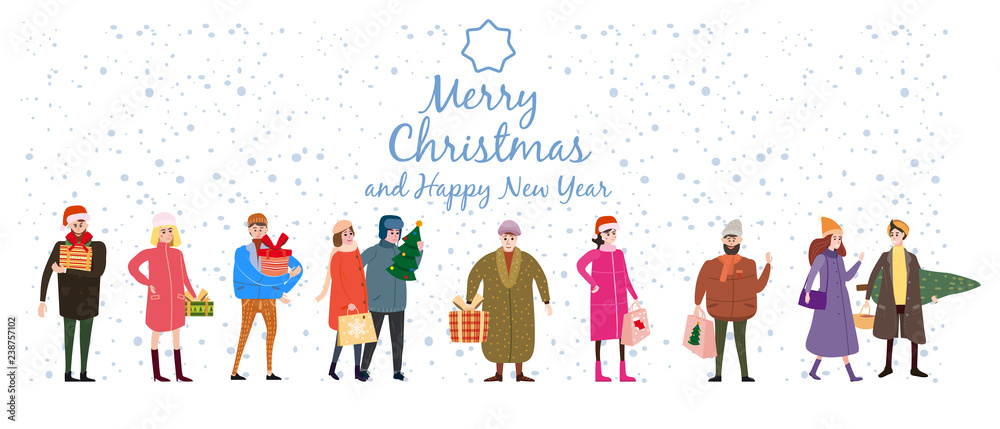 Fototapeta premium Merry Christmas and New Year, card template with people characters, men and women in winter clothes come with gifts, trend retro flat cartoon to style vector, illustration, isolated, banner