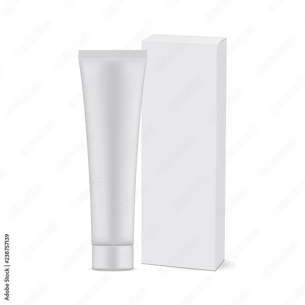 Plastic tube with cardboard box mockup isolated on white background. Blank cosmetic packaging mock up. Vector illustration