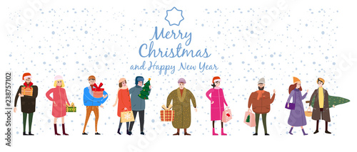 Merry Christmas and New Year, card template with people characters, men and women in winter clothes come with gifts, trend retro flat cartoon to style vector, illustration, isolated, banner