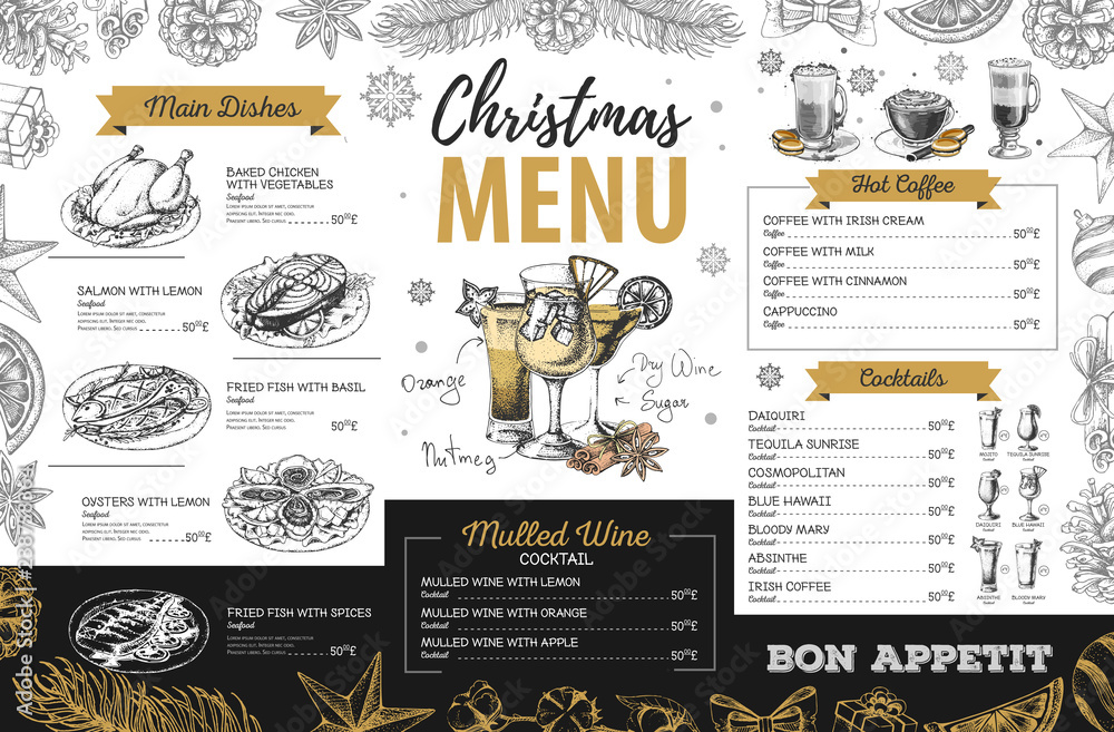 Hand drawing Christmas holiday menu design. Restaurant menu - obrazy, fototapety, plakaty 