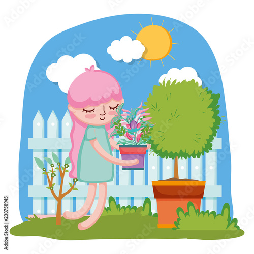 little girl lifting houseplant with tree and fence