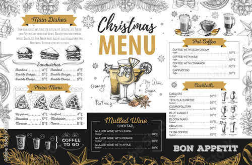 Hand drawing Christmas holiday menu design. Restaurant menu