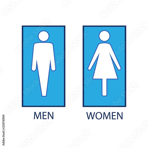 Blue silhouette men and women icon in white square. Sign restroom women and men. Icon public toilette and bathroom for hygiene. Template for poster,sign. Flat vector image. Vector illustration