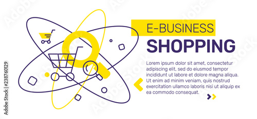 Vector creative template composition with electronic business shopping abstract illustration with header, text on white background.