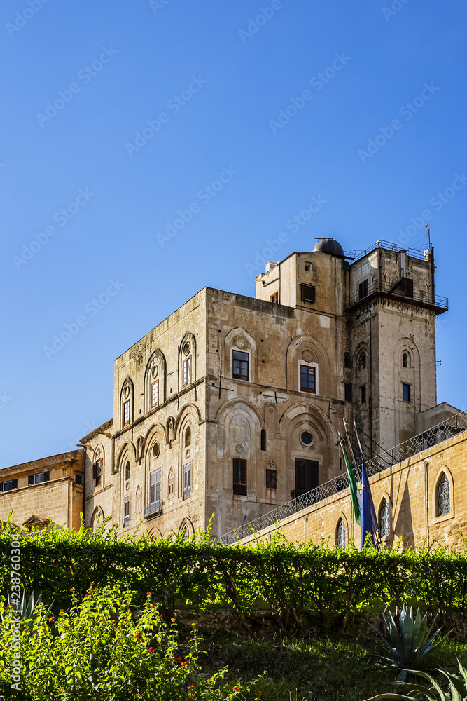 Palermo Palace of Normans (Palazzo dei Normanni) or old Royal Palace. Norman Palace - one of oldest royal palaces in Europe; it was created in IX century by Emir of Palermo. Palermo, Sicily, Italy.