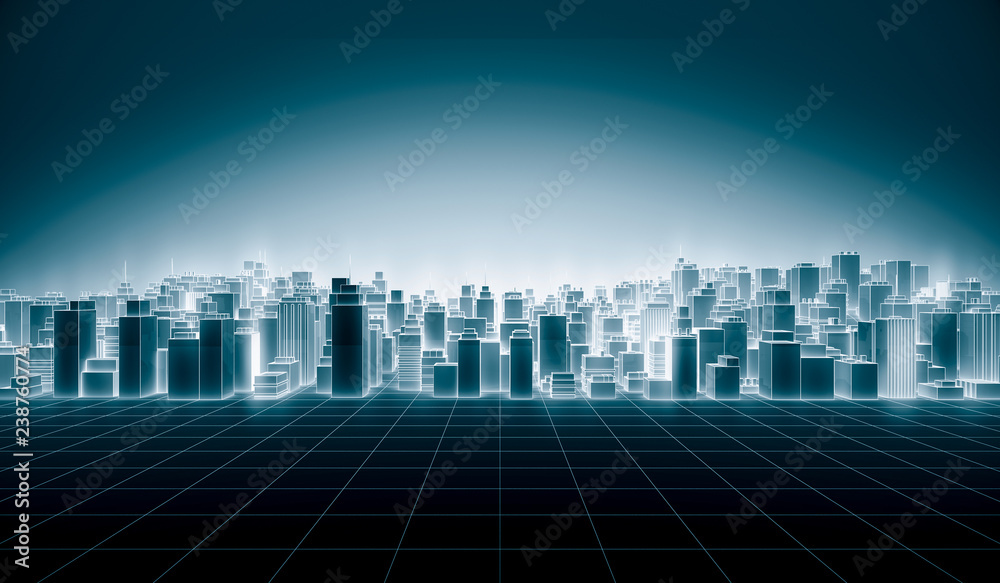 Abstract Futuristic city scape With Neon Glowing Light White Color on blue. Hi-Tech Dark building background concept with line. 3D Rendering Illustration