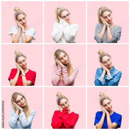 Collage of young beautiful blonde woman over pink isolated background sleeping tired dreaming and posing with hands together while smiling with closed eyes.