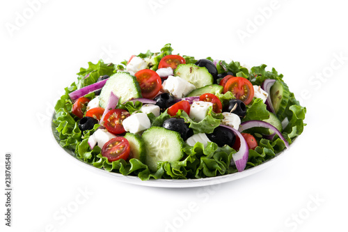 Fresh Greek salad in Plate with black olive,tomato,feta cheese, cucumber and onion isolated on white background
