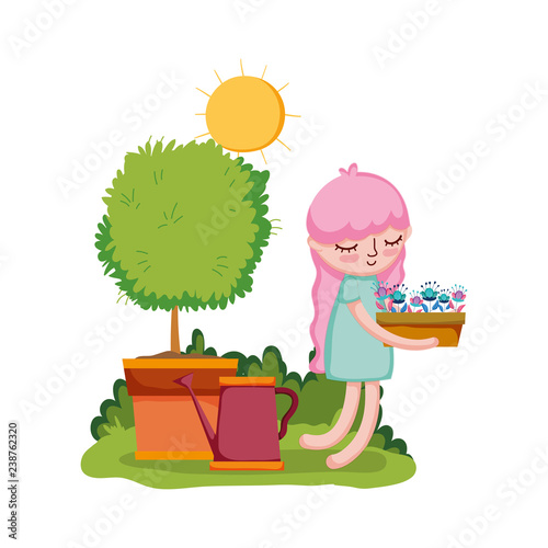 girl lifting houseplant with sprinkler and tree