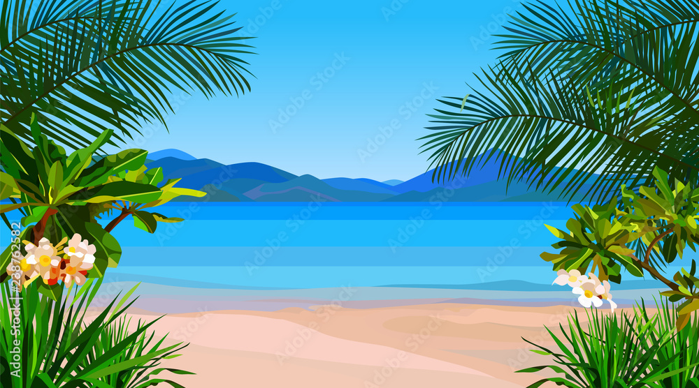 beautiful cartoon coast of the azure sea with tropical plants - obrazy, fototapety, plakaty 