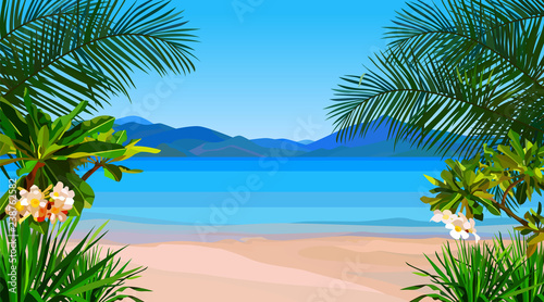 beautiful cartoon coast of the azure sea with tropical plants photo