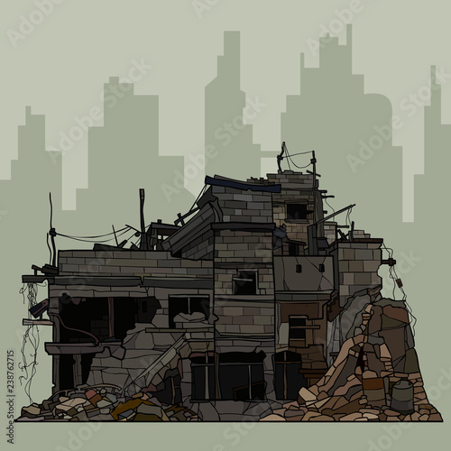 painted ruins of a brick gray building against the background of the silhouette of the city
