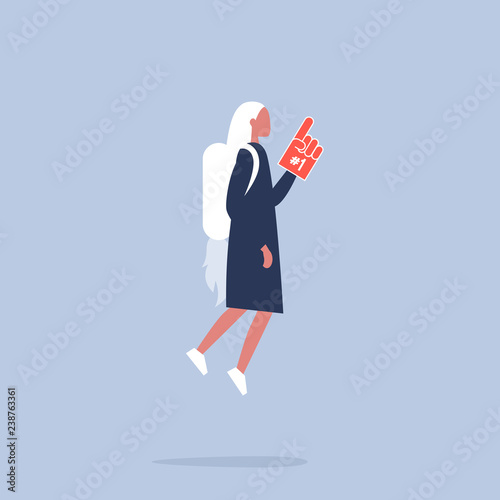 Leader, conceptual illustration. Young female character wearing a jetpack and a foam finger. Flat vector. Victory. Achievement. Success.