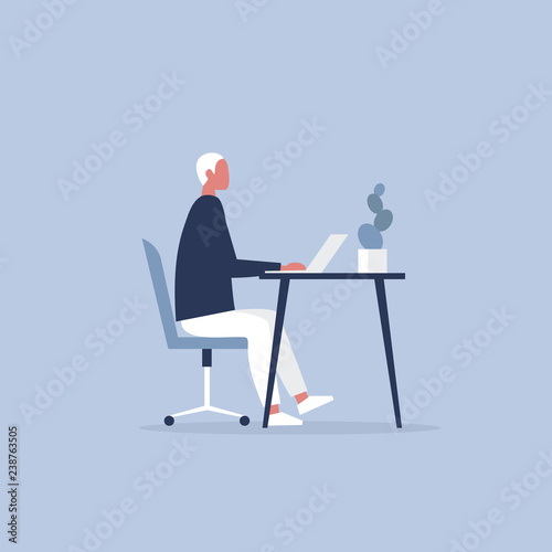 Young male character working in the office. Furniture. Cabinet. Workspace. Millennials at work. Flat editable vector illustration, clip art