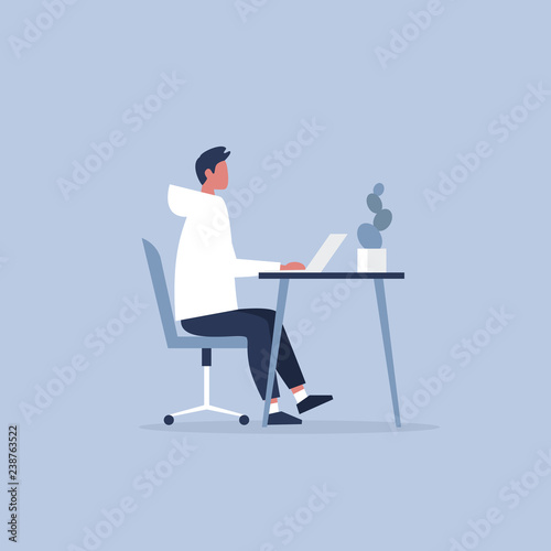 Young male character working in the office. Furniture. Cabinet. Workspace. Millennials at work. Flat editable vector illustration, clip art