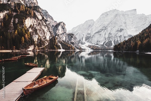 Panorama of a beautiful famous location,at Lago Di braies,Dolomities,Italy